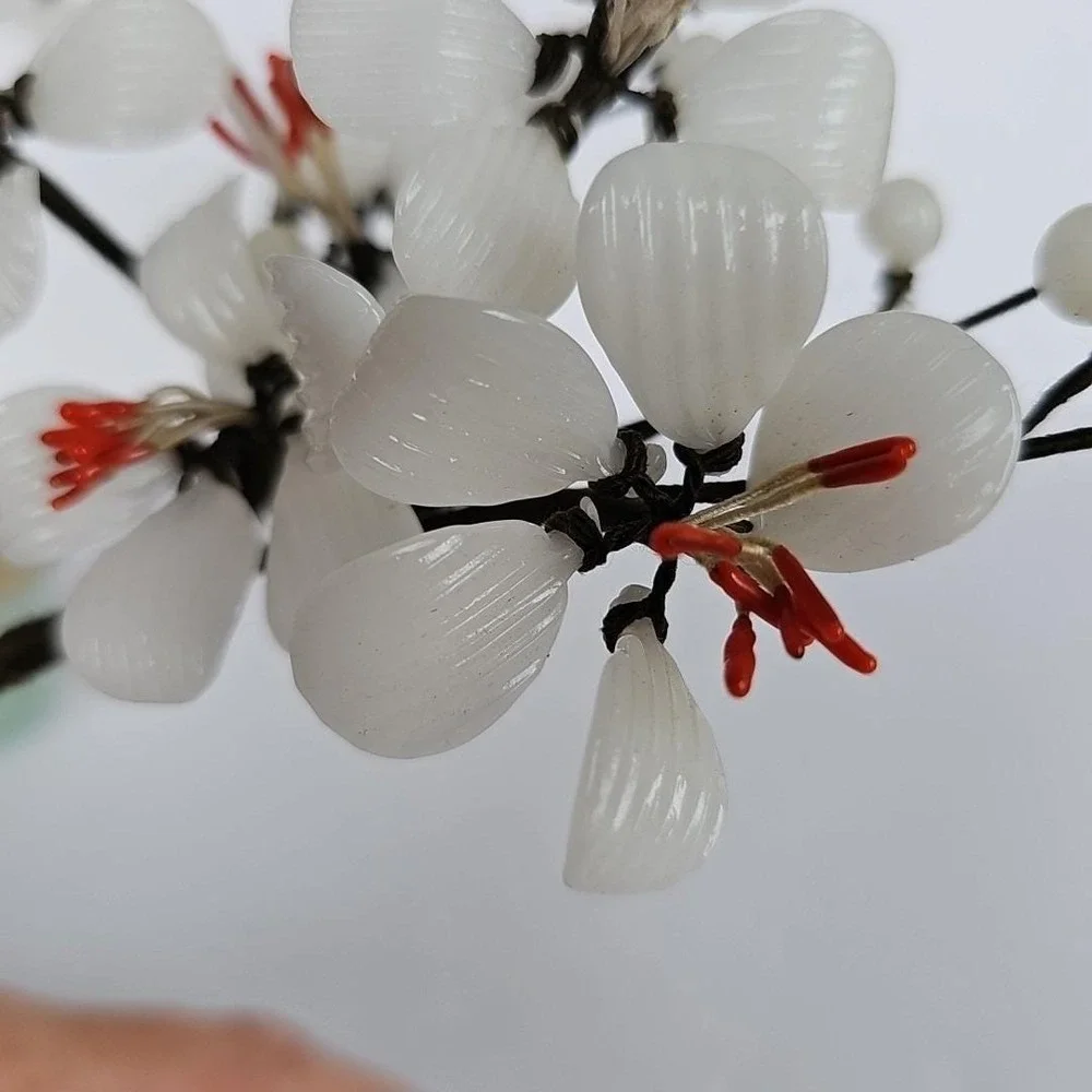 Vintage Chinese Glass Bonsai Tree Pair White Plum Blossom Celadon‎ Pot Decor